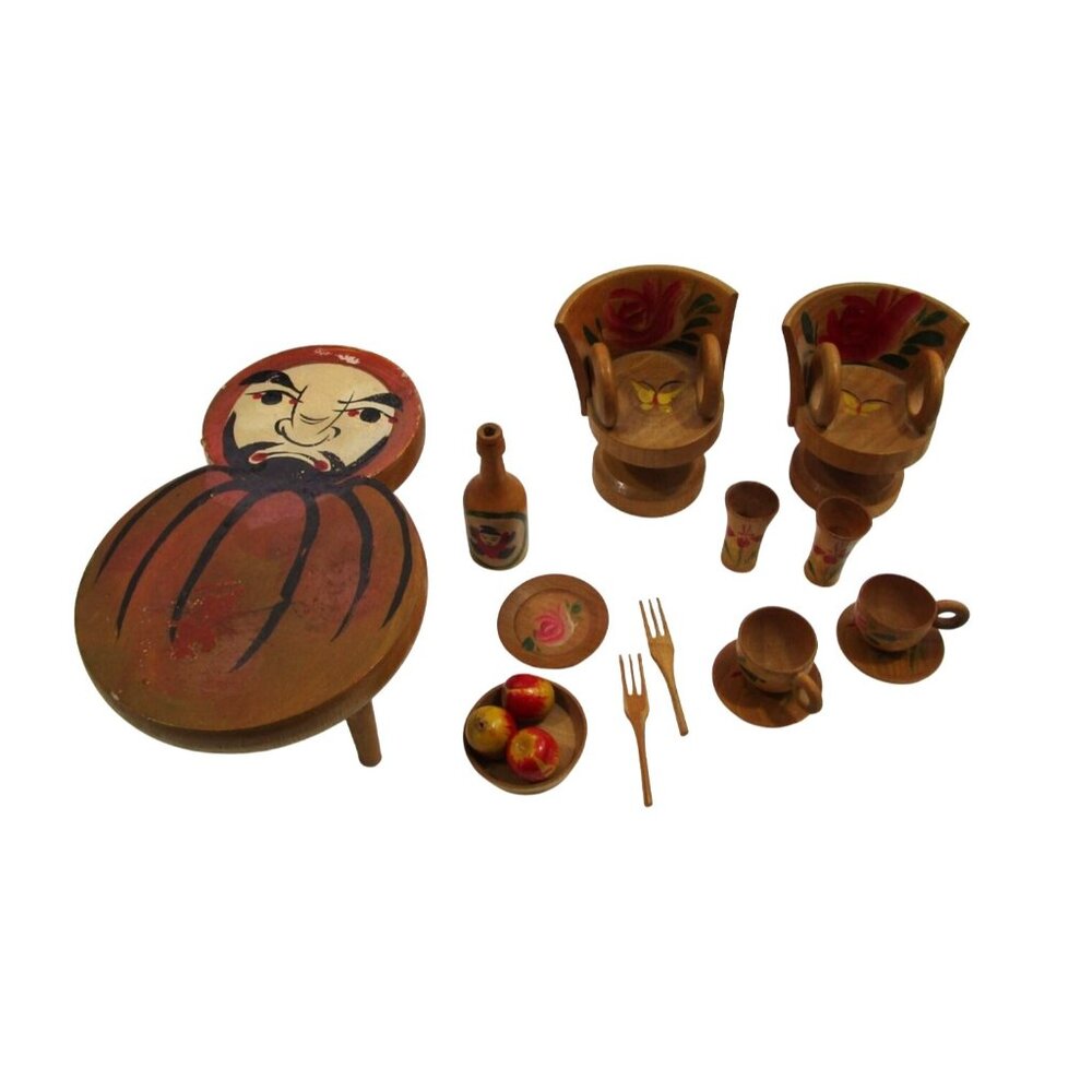 Vintage  Japanese Handcrafted Miniature Wood Dollhouse Furniture Daruma Floral
